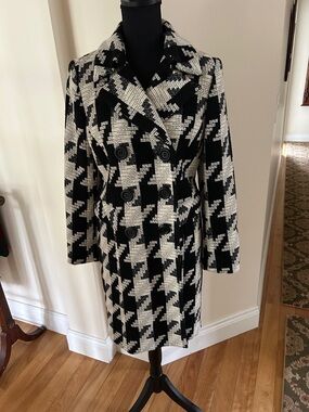 INC International Concepts Black and White Houndstooth Double-Breasted Pea Coat